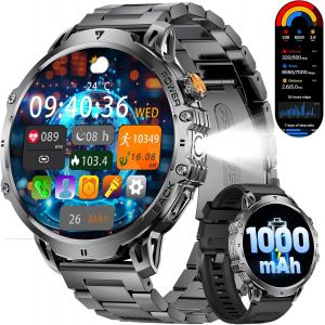Montre Connect&eacute;e Homme 1000 Mah Batterie/1.85'' Hd Grand &Eacute;cran Smartwatch Avec Led Lampe,Ip68 &Eacute;tanche Montre Fitness Avec 24/7 Fr&eacute;quence Cardiaque,Moniteur De Sommeil Pour Android Ios,M&eacute;tal Bracelet - Neuf