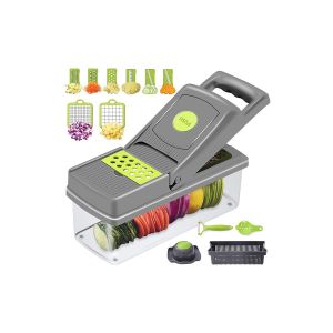 Hachoir &Agrave; L&eacute;gumes Multifonctionnel Avec 8 Lames, Prot&egrave;ge-Main, Panier D'&eacute;gouttage Et Racleur Pour Une Pr&eacute;paration Facile Des Aliments - Neuf