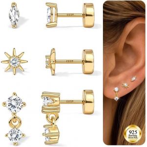 Kalhx-Boucles D'oreilles Femme Argent Or 925-Hypoallergénique Boucle D'oreille Femme Homme Or Pour Les Oreilles Sensibles Cz Fleur Piercing Oreille Tragus Helix Boucles D'oreilles Diamant - Neuf