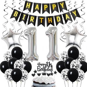 SJZG-D&eacute;coration 11E Anniversaire, D&eacute;co Anniversaire 11 Ans Gar&ccedil;on, D&eacute;co 11E Anniversaire, D&eacute;co 11 Ballons Noir Et Argent, D&eacute;co Ballon 11E Anniversaire F&ecirc;te, D&eacute;co 11E Anniversaire Gar&ccedil;on Fille - Neuf