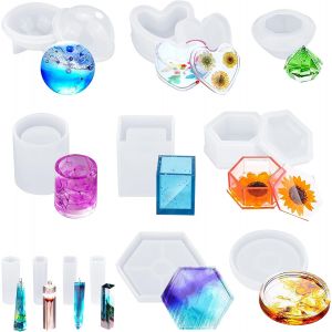 Moulle Silicone Resine Epoxy, 12 Pi&egrave;ces Kit Resine Epoxy Complet, Moule R&eacute;sine Comprenant Sph&eacute;rique, Diamant, Pour La D&eacute;coration De Bo&icirc;te &Agrave; Bijoux Pendentif En R&eacute;sine Bricolage - Neuf