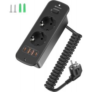 TIANYI-Prise encastrable avec USB-C et prises - Double prise de table avec c&acirc;ble rallong&eacute; de 2 m - Noir - Pour plateaux de table, postes de travail, bureau et bureau &agrave; domicile - Neuf