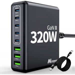 Chargeur Usb C Multiple, 320 W, Gan Iii, 8 Ports, Chargeur Rapide, Avec Pps & Pd 100 W, 5 Ports Usb Et 3 Usb A, Station De Charge Usb C Noire Pour Macbook/Ordinateur Portable/Ipad - Neuf