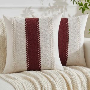 Cauc-Housse Coussin 45x45 Bourgogne Rouge Boh&egrave;me Macram&eacute; Coton Lin Automne Housses De Coussin D&eacute;coratif Boho Style De Luxe Taie Oreiller D&eacute;coration Maison Salon Chambre Pour Canap&eacute; Lot De 2 - Neuf