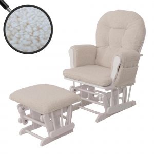 Fauteuil relax HWC-C76, fauteuil &agrave; bascule Fauteuil oscillant + pouf Tissu Boucl&eacute; 480g/m&sup2; &Ouml;ko-Texcr&egrave;me B&acirc;ti blanc - Neuf