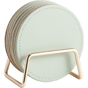 Set De 6 Sous-Verres En Cuir Pu Avec Support Dor&eacute;, Base Li&egrave;ge Anti-Rayures, 10 Cm, Design Moderne, Anti-D&eacute;rapant, Imperm&eacute;able Et Facile &Agrave; Nettoyer Pour Prot&eacute;ger Votre Table - Neuf