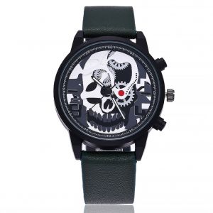 Montre A Quartz Vansvar Pour Homme, Cadran Rond, En Cuir Synthetique, Motif Tete De Mort Creuse (Verte) - Neuf