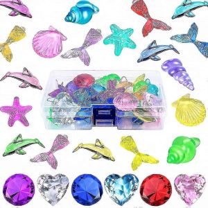 Lot de 26 pierres précieuses colorées pour la plongée, jouets de piscine, gros diamant, animaux de l'océan, avec coffre au trésor, boîte de pirate, été sous-marin - Neuf