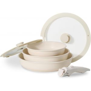 Subzonal-Set De Po&ecirc;les &Agrave; Frire 6 Pcs, Po&ecirc;le &Agrave; Frire Antiadh&eacute;sive Avec Poign&eacute;e Amovible Et Lid, Po&ecirc;le 20/24/28 Cm Facile &Agrave; Nettoyer Et Compatible Toutes Les Cuisines, Pfoa/Pfos Free, Beige - Neuf