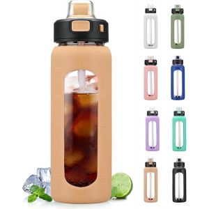 Eryi-700ml Bouteille D'eau En Verre Avec Poignée Et Paille Bouteille D'hydratation Avec Manchon En Silicone Et Marquage Du Temps Gourde De Motivation Pour Gym Sport Extérieur Anti-Fuite, Ambre - Neuf