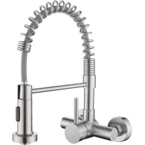 Robinet de Cuisine Mural avec Bec Flexible, Mitigeur Evier avec 2 Types de Jet, Robinetterie eau Chaude et Froide Rotatif à 360°, Acier Inoxydable SUS304, Mousseur Démontable, Brossé - Neuf