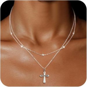 Double Colliers Femme Croix Argent, Collier Pendentif, Cha&icirc;ne Choker Perles, Ensemble Multirang Collier Superpos&eacute;s R&eacute;glables, Acier Chirurgical, Boh&egrave;me, Cadeau D'anniversaire Pour Femme - Neuf