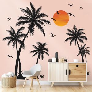 ERYI-Stickers Muraux Palmier Noir Arbre Grand Autocollants Muraux Mural Stickers Arbre Plantes Tropicales Oiseaux Pour Chambre Salon Mur Tv (H: 135Cm) - Neuf