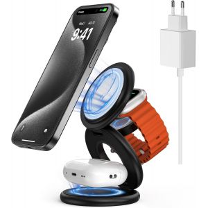 CMJAAGUR-X63 Station De Charge Sans Fil 3 En 1, Chargeur À Induction Pour Iphone Série 15/14/13/12, Apple Watch Et Airpods 3/2/Pro, Chargeur Magnétique Portable Pliable - Noir[M2322] - Neuf