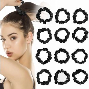 Lot De 12 Chouchou Cheveux Soie, Doux Chouchou Satin Elastique Cheveux - Scrunchies Pour Femme Et Fille - Pour Queue De Cheval (Color&eacute;/Noir) - Neuf