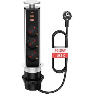 Retractable Socket 3 Sockets 2 Usb And Usb C, Retractable Electric Multi-Socket For Worktop For Kitchen, Office, Cable 1.8 M, Diameter 60 Mm - Neuf