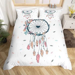 Sjzg-Parure De Lit Attrape-R&ecirc;ves Pour Enfant Avec Housse De Couette Plumes Attrape-R&ecirc;ves 200 X 200 Cm Boh&egrave;me Fleurs Feuilles Housse De Couette Pour Filles Femmes Parure De Lit En Microfibre Douce Boh - Neuf