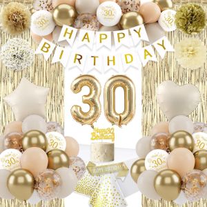KALANKA-Decoration Anniversaire 30 Ans Femme Homme, Blanc Or Ballon 30 Ans Anniversaire,Bannière de Joyeux, Confetti Ballons PomPoms en Papier pour 30 ans Femmes Réutilisable - Neuf