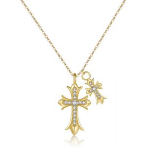 Kales-Collier Double Croix Pour Femme Plaqué Or 14 Carats Zircon Cubique Vintage Croix Celtique Pendentif Collier Pour Fille (A-Collier Croix En Or) - Neuf