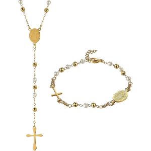 Eryi-Ensemble Collier Et Bracelet Femme:Collier Et Bracelet Perles En Acier Inoxydable Avec Pendentif Croix Et Médaillon Vierge Marie Religieux Catholiques - Cadeau Femme - Neuf
