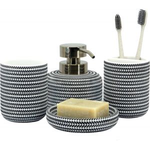 Lot de 4 Accessoires de Salle de Bain Noir et Blanc avec Distributeur de Savon,Porte-Brosse à Dents,gobelet de Salle de Bain et Porte-Savon,Organiseur décoratif pour Plan de Travail - Neuf