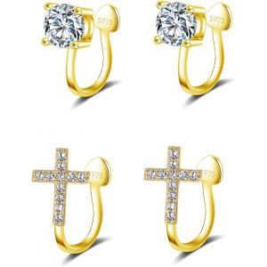 Kalhx-2 Paires Boucles D'oreilles À Clips Pour Femme Enfant Fille Boucles D'oreilles Croix Diamant Boucles D'oreilles Clips Homme Doré Clip Boucles D Oreilles Non Percées Plaqué Or 18k - Neuf