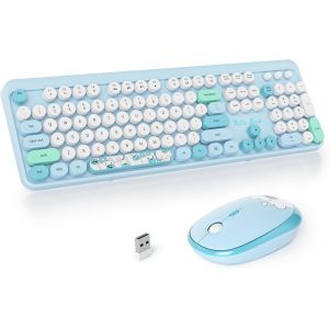 Ensemble Clavier et Souris sans Fil - Clavier de Machine &agrave; &eacute;crire 2.4GHz &agrave; Touches Rondes avec Pav&eacute; Num&eacute;rique, 104 Touches (Am&eacute;ricain QWERTY) (Bear Blue) - Neuf