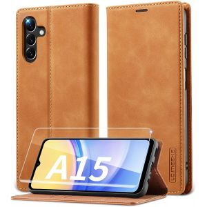 TIANYI-Coque Samsung A15 4G/5G avec Verre Tremp&eacute;, Etui en Cuir PU Premium, RFID Protection Portefeuille Housse pour Samsung Galaxy A15 5G/4G &Eacute;tui, Brun - Neuf