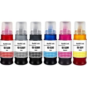 Senior-Gi-53 Gi53 Compatible Bouteilles D'Encre Remplacement Pour Canon Gi-53 Gi53 Compatible Pour Canon Pixma G650 G550 (6-Pack, Noir Cyan Magenta Jaune Rouge Gris)[L318] - Neuf