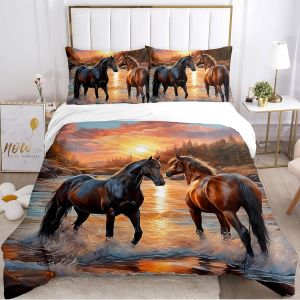 Housse De Couette Chevaux, 3d Chevaux Motif Parure De Lit En Microfibre, Housse De Couette Avec Fermeture &Eacute;clair Avec 2 Taie D'oreiller 50x75 Cm (Pferd-6, 135x200cm) - Neuf
