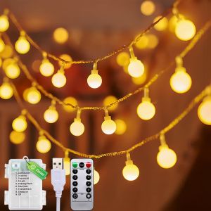 Kal-Guirlande Intérieure/Extérieure À Batterie Usb 2-En-1, 12m + 1m 100 Led Guirlande Lumineuse Extérieure À Pile, 8 Modes Avec Télécommande Et Minuterie (Blanc Chaud) - Neuf