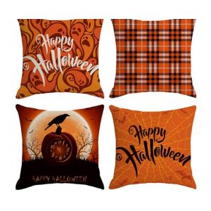 Housses De Coussin Motif Cr&acirc;ne D'halloween, Lot De 4, 45 X 45 Cm, Lin - Neuf