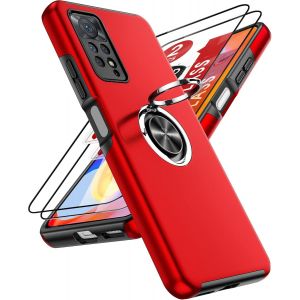 Kal-Coque Pour Xiaomi Redmi Note 11 Pro 4g/Note 11 Pro 5g/ Note 12 Pro 4g Avec 2 Verre Trempé Vitre Protection Et Anneau Telephone, Militaire Pc Et Tpu Silicone Etui Antichoc Housse - Rouge - Neuf