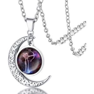 Kal-Collier Signe Astrologique Femme,Pendentif Demi Lune Style Zodiaque Or/Acier Inoxydable Avec Chaîne 50+5 Cm,Bijoux Horoscope Porte Bonheur Cadeau Anniversaire Pour Femmes Enfant Fille - Neuf