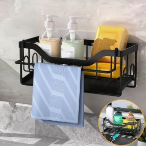 Eryi-Porte Eponge Evier Cuisine,Organisateur Evier Cuisine Mural Avec Bac De Vidange,Rangement Evier Cuisine Avec Porte-Serviettes,Support Eponge Evier Cuisine Avec Adhésif (Noir) - Neuf
