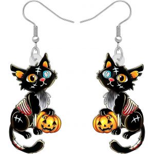 Kal-Boucles D'oreilles Pendantes En Acrylique Chat Noir Mignon D'halloween Pour Femmes Animaux Spooky Kitten Léger Accessoires De Costume Bijoux Cadeaux Pour Festival Decor Charms - Neuf