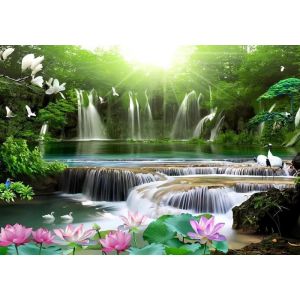 Papier Peint Panoramique Tapisserie Murales Soleil For&ecirc;t Cascade Paysage Naturel 300x210cm Soie Poster Geant Mural Salon Chambre - Neuf