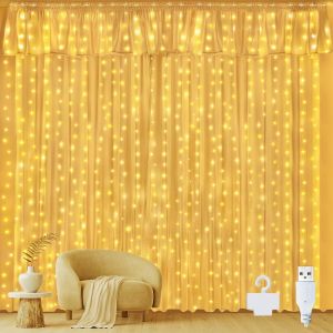 KAL-Rideau Lumineux Noel 3M X 3M, 300 Led Guirlande Lumineuse Rideau Blanc Chaud Usb Guirlande Lumineuse Imperméable Pour Chambre Noël Mariage Anniversaire Fenêtre - Neuf