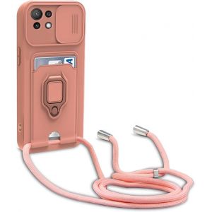 Kal-Coque Compatible Avec Xiaomi Mi 11 Lite 4g/5g/Ne,Réglable Lanyard Case,Avec Curseur De Caméra Protection, Avec Carte Fentes,Anneau Support,Silicone Collier Case (Pink) - Neuf