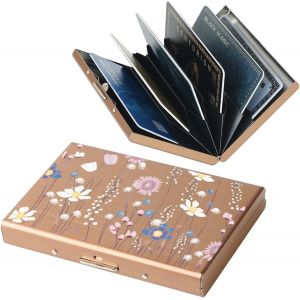 KALANKA-® Blocage RFID Porte Carte de Crédit avec 6 Compartiments en PVC pour Femmes et Hommes, Portefeuille Carte de Crédit en Métal en Acier Inoxydable. (6 Cartes/Or Rose/Fleur) - Neuf