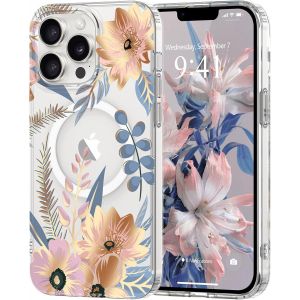 Trahoo-Coque Magn&eacute;tique Florale Pour Iphone 13 Pro Max [Compatible Avec Magsafe], Coque De Transparente Anti-Jaunissement, Joli Motif Floral Anti-Rayures, Protection Tpu Pour Filles Et Femmes-Rose - Neuf
