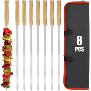 Ulteronixshop-Lot de 8 brochettes de barbecue r&eacute;utilisables - 40 cm - En acier inoxydable - Avec manche en bois - Pour viande, l&eacute;gumes, viande, viande - Neuf