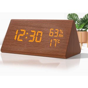 COPF-Réveil Numérique En Bois,Reveil Bois Avec 3 Réglages D'Alarme,Led Réveil Électronique Avec Heure Et Température,Contrôle Du Sonore,Fonction Snooze,Pour Bureau De Chambre (Rouge-Marron) - Neuf