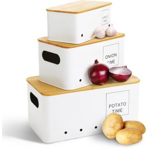 Tianyi-Boite Pomme De Terre, Lot De 3 Rangement Oignons Ail Pomme De Terre, Boite Oignon, Boite Ail, Bo&icirc;te De Conservation Avec Couvercle En Bois, Boite Rangement Cuisine(Blanc) - Neuf