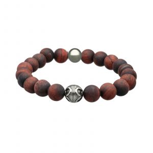 Bracelet Acier Pierres Naturelles Perles Rondes Oeil De Tigre Rouge - Neuf