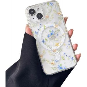JGD-Coque Magn&eacute;tique pour iPhone 15 6,1 Pouce, &Eacute;tui Souple Transparent avec Motif Fleurs Compatible avec Magsafe Charge sans Fil, Coque Protecteur R&eacute;sistant- Fleur Bleue - Neuf