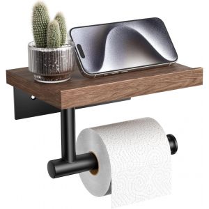 KALANKA-Porte Papier Toilette Mural avec étagère Tablette, Support Mural en Bois pour Rouleau de Papier Hygiénique, Accessoires de Salle de Bain en Acier Inoxydable Noir Mat (Noyer) - Neuf