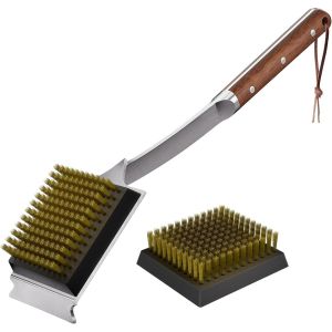 Brosse et grattoir pour barbecue, brosse de barbecue de 43,2 cm pour barbecue ext&eacute;rieur, manche &eacute;tendu en palissandre et 2 t&ecirc;tes de brosse rempla&ccedil;ables en fil de cuivre, brosse de nettoyage pour - Neuf