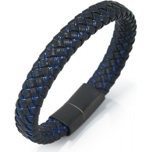 &iquest; Veille De Nuit &iquest; Le Bracelet De L'homme En Cuir V&eacute;ritable Noire Cordon Rouge/Bleu Fermoir Magn&eacute;tique Titane 21.5cm Avec Le Bo&icirc;te-Cadeau Gratuit - Neuf