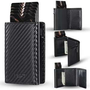 Porte Carte Bancaire Portefeuille Carbone Avec Poche À Monnaie, Porte Carte De Crédit Pour Homme Et Femmme Avec Protection Rfid + Fermeture Magnétique - Neuf